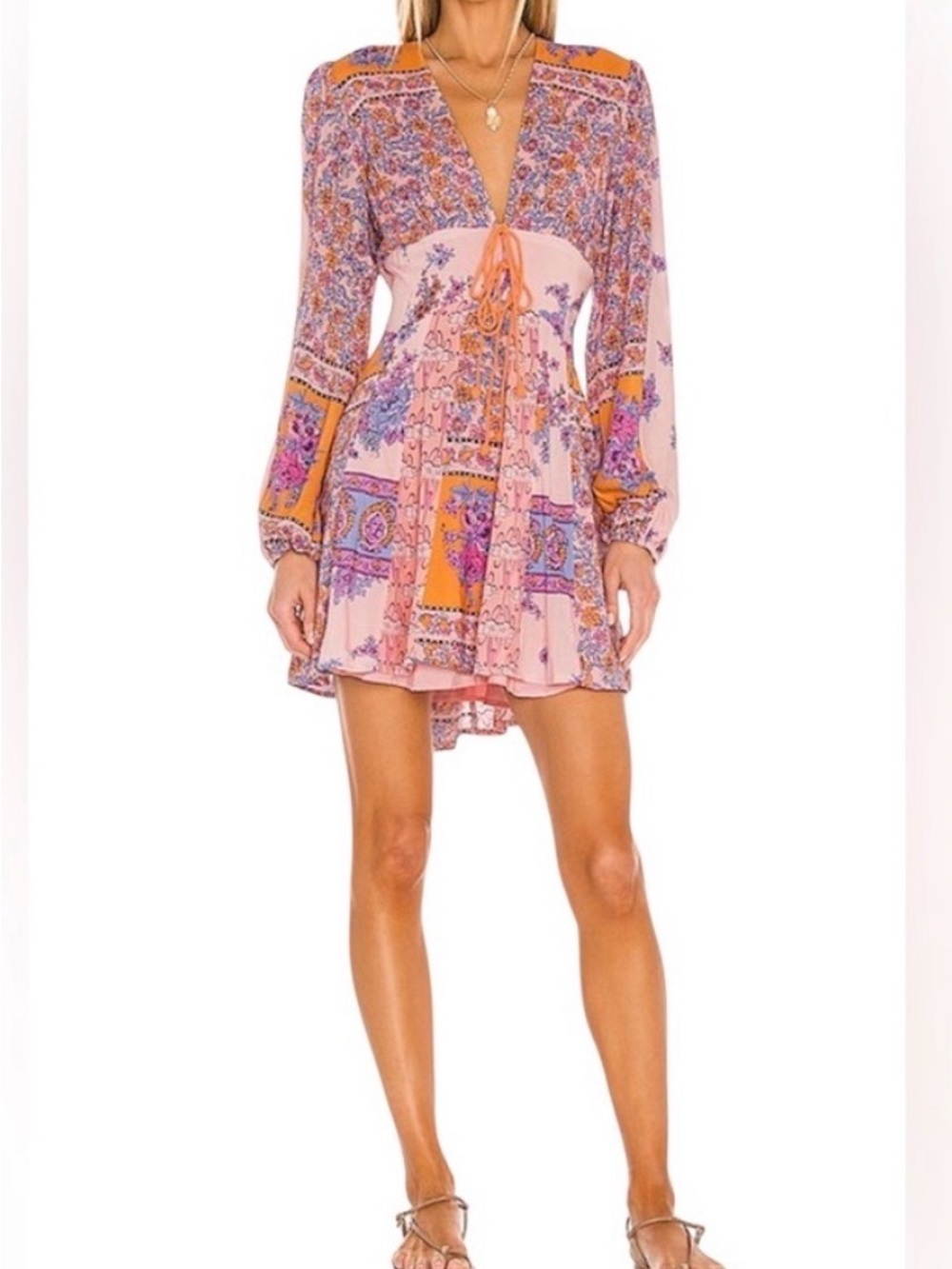 Pink & Orange Floral Boho V-Neck Dress